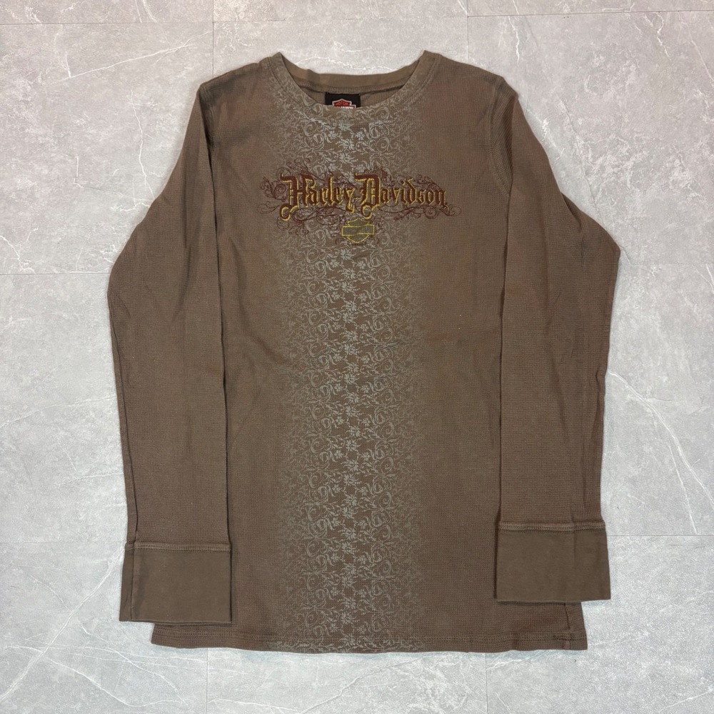 Harley Davidson Womens Brown Waffle Knit Thermal Graphic Long Sleeve Shirt 2X